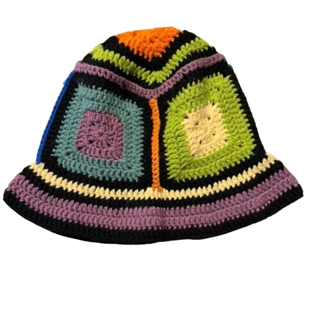 Handmade Crochet Granny Square Bucket Hat Multicolor Boho Patchwork Knit Cap